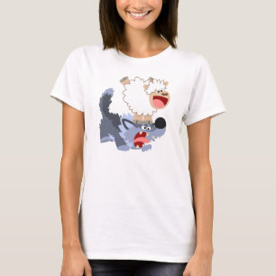 Cute Cartoon Sheep die speelt met Wolf Women T-Shi T-shirt