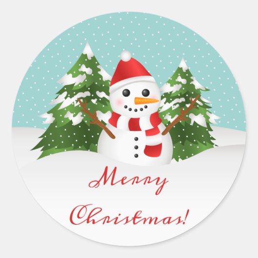 Cute Cartoon Snowman en Merry Kerstmis Ronde Sticker (Voorkant)