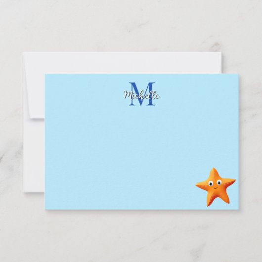 Cute Cartoon Starfish Blue Ocean Custom Monogram Notitiekaartje (Voorkant)