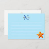 Cute Cartoon Starfish Blue Ocean Lined Monogram Notitiekaartje (Voorkant / Achterkant)