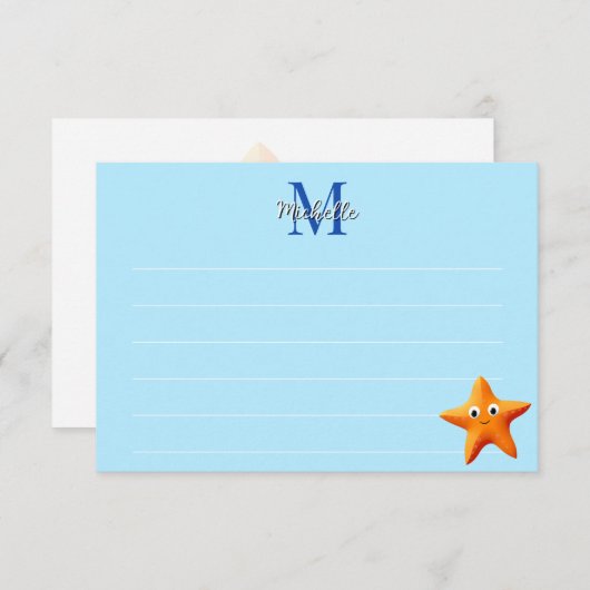 Cute Cartoon Starfish Blue Ocean Lined Monogram Notitiekaartje (Voorkant / Achterkant)
