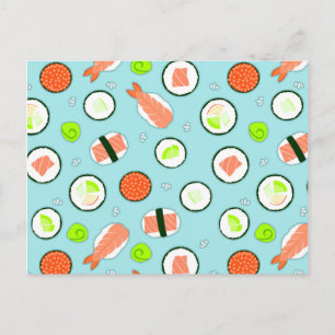 Cute Cartoon Sushi Pattern Blue Briefkaart