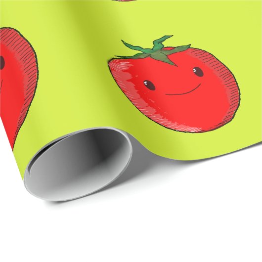 Cute Cartoon Tomato Pattern on Green Cadeaupapier (Rol Hoek)
