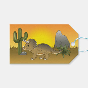 Cute Cartoon Triceratops dinosaur in Sunset Desert Cadeaulabel