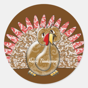 Cute Cartoon Turkey Damask Pattern Ronde Sticker