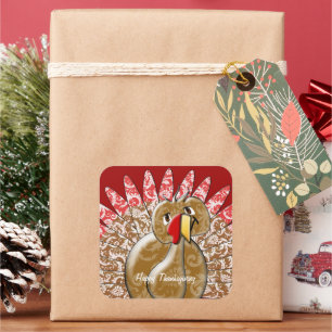 Cute Cartoon Turkey Damask Pattern Vierkante Sticker