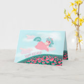 Cute Cartoon Unicorn Roze en Mint Kaart (Gele Bloem)