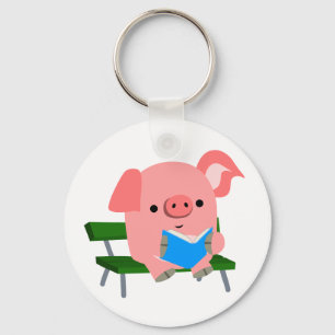 Cute Cartoon Varken Lezend op een Bankje Sleutelha Sleutelhanger