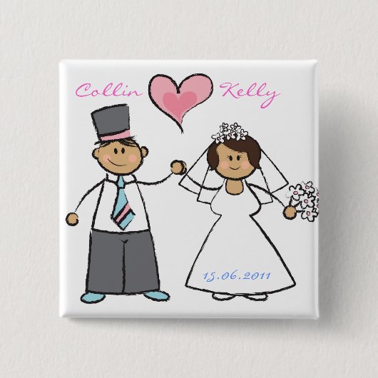 Cute Cartoon Wedding Couple Bride & Groom Button (Voorkant)