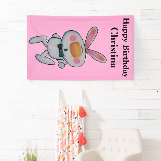 Cute Cartoon White Bunny duikt Roze op Spandoek (Insitu)