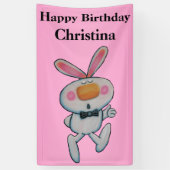 Cute Cartoon White Bunny duikt Roze op Spandoek (Verticaal)