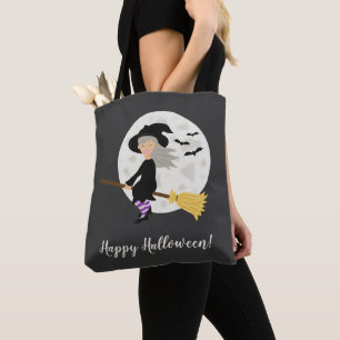 Cute Cartoon Witch Girl & Happy Halloween Text Draagtas