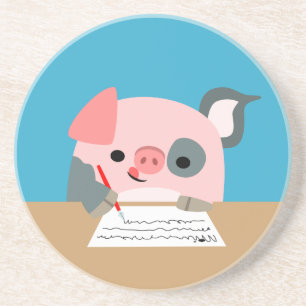 Cute Cartoon Writing Pig Onderzetter