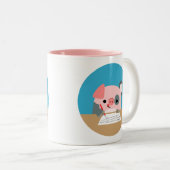 Cute Cartoon Writing Pig Tweekleurige Koffiemok (Voorkant rechts)