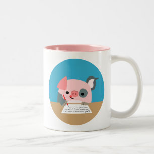 Cute Cartoon Writing Pig Tweekleurige Koffiemok