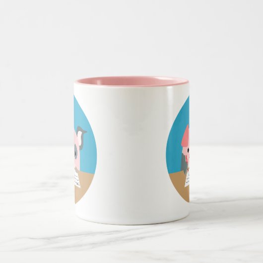 Cute Cartoon Writing Pig Tweekleurige Koffiemok (Center)