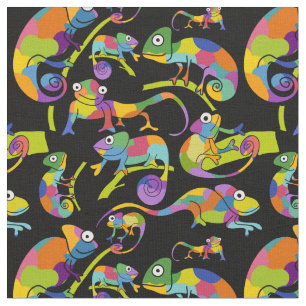 Cute Cartooon Chamelons Bright Colors op Black Stof
