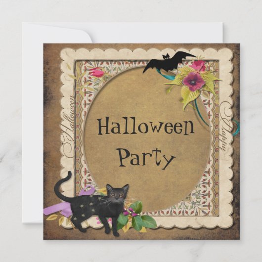 Cute Cat and Bat  Halloween Party Kaart (Voorkant)