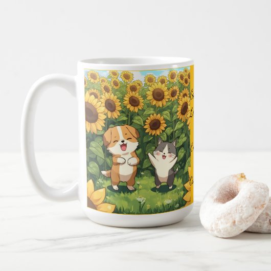 Cute Cat and Dog Sunflower Field Mug (Avec donut)