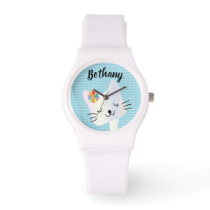 Cute Cat and Flowers Dotty Personalized Horloge