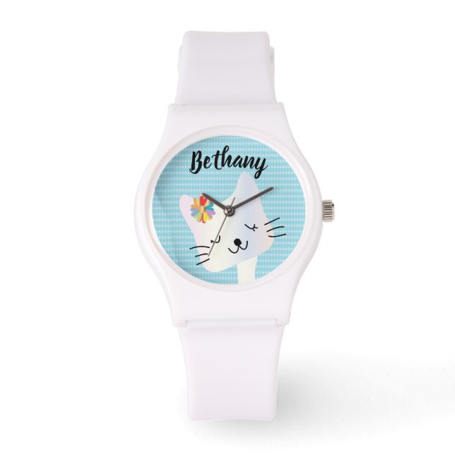 Cute Cat and Flowers Dotty Personalized Horloge (Voorkant)