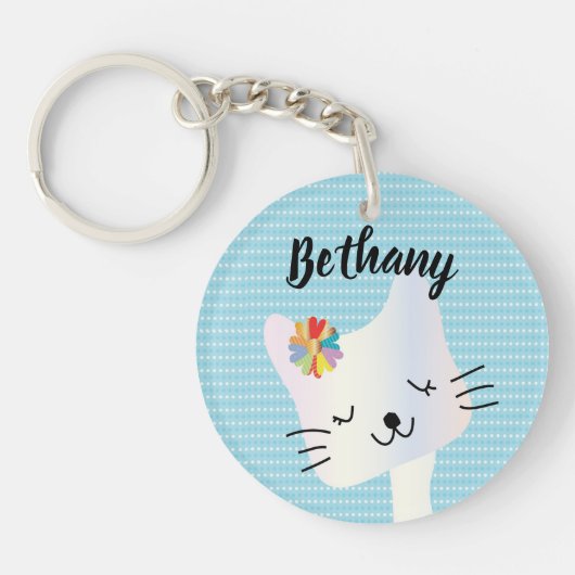 Cute Cat and Flowers Dotty Personalized Sleutelhanger (Voorkant)