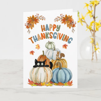Cute Cat and Retro Pumpkins Happy Thanksgiving  Kaart