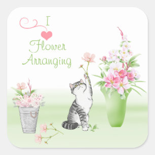 Cute Cat Arrange Flowers Vierkante Sticker