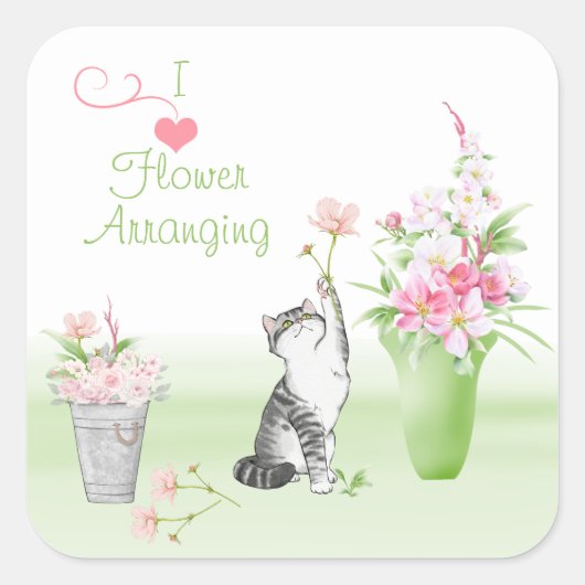 Cute Cat Arrange Flowers Vierkante Sticker (Voorkant)