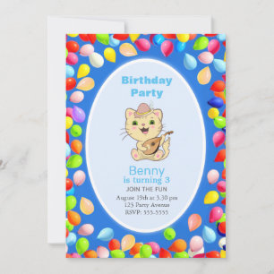 Cute Cat & Balloons 3rd Birthday Party Invision Kaart