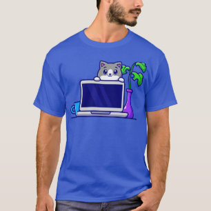 Cute Cat Behind Laptop Cartoon T-shirt