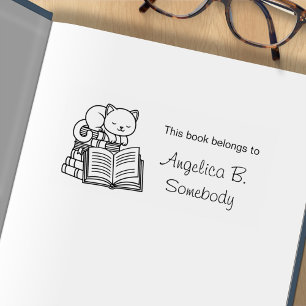 Cute Cat bovenop Stack of Books - Bladplaat Rubberstempel