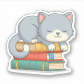 Cute Cat bovenop Stack of Books Sticker (Voorkant)