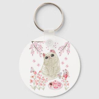 Cute Cat Cherry Blossom Sleutelhanger
