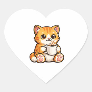 Cute Cat Coffee – Cozy Orange Cat Drinking Coffee  Hart Sticker