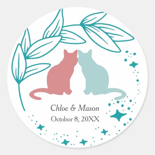 Cute Cat Couple en Unique Greenery Ronde Sticker (Voorkant)
