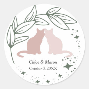 Cute Cat Couple en Unique Greenery Ronde Sticker