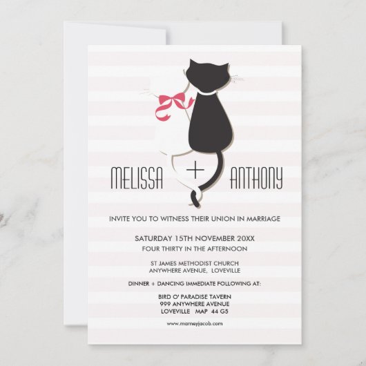 Cute Cat Couple Stripes Wedding Invite Kaart (Voorkant)