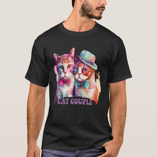 Cute Cat Couple With Hat And Glasses For Cat T-shirt (Voorkant)