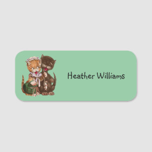 Cute Cat Couple Yellow Brown Sharing Rats Green Naamplaatje