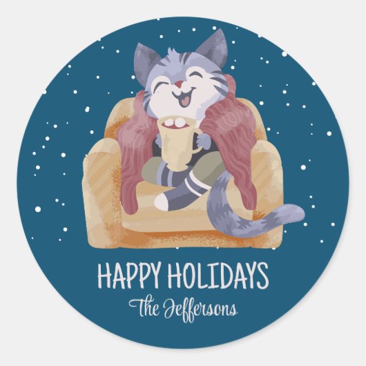Cute Cat Cozy Kerstmis Snow Winter Holiday Ronde Sticker (Voorkant)