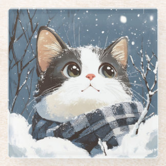 Cute cat cozy winter snow glazen onderzetter