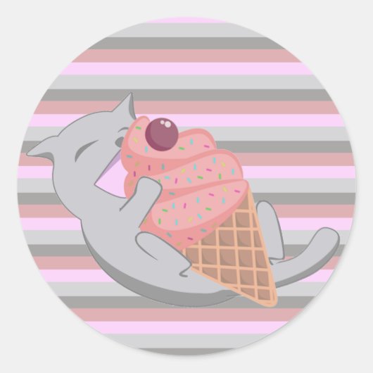 Cute Cat Eating Ice Cream Striped Ronde Sticker (Voorkant)