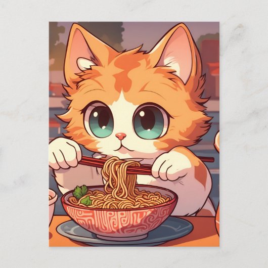 Cute Cat Eating Ramen Noodles Briefkaart (Voorkant)