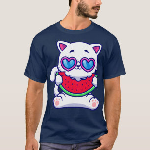 Cute Cat Eating Watermeloen Fruit Cartoon T-shirt