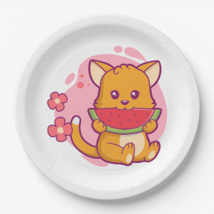 Cute Cat Eating Watermelon   Kawaii Papieren Bordje