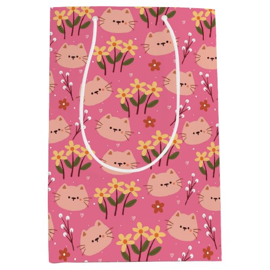 Cute Cat en Flowers Medium Cadeauzakje (Voorkant)