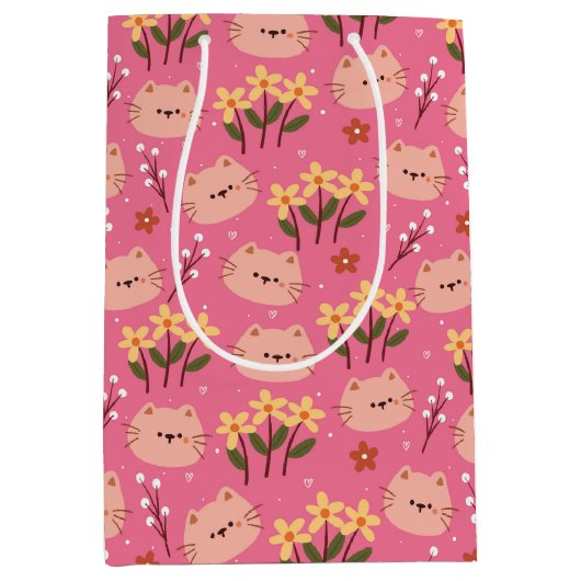 Cute Cat en Flowers Medium Cadeauzakje (Voorkant)