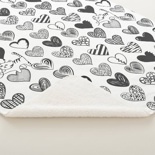 Cute Cat en Heart Black en White Pattern Sherpa Deken (3/4)