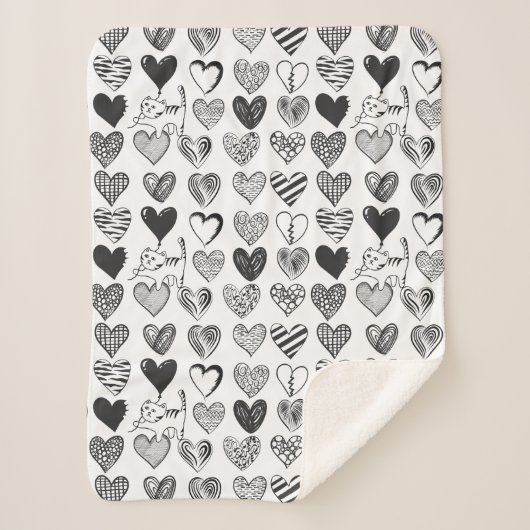 Cute Cat en Heart Black en White Pattern Sherpa Deken (Voorkant)